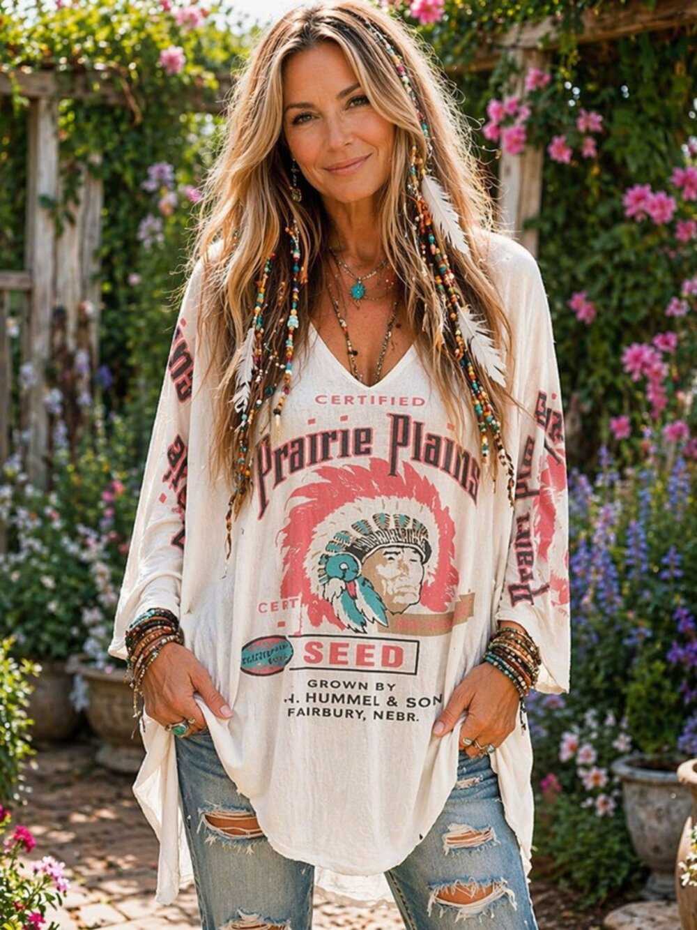 Prairie Plains Graphic Tee Dress in Cream & Coral - Picture 2 of 5